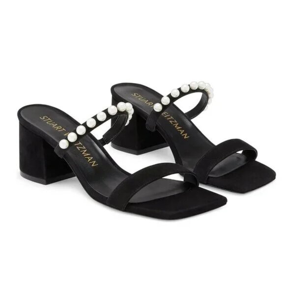 Last Chance! New Stuart Weitzman Goldie 60 Pearl Suede Sandal Black 7 $525 - Picture 1 of 6